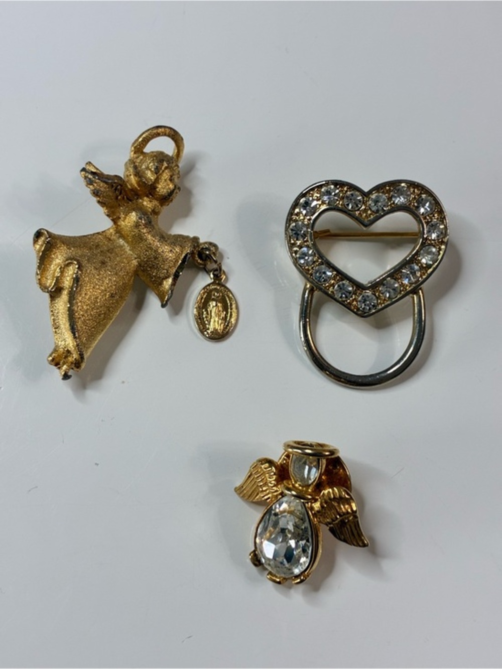 Gold Tone Angel and Heart Brooches - Sparkling Crystal Accents